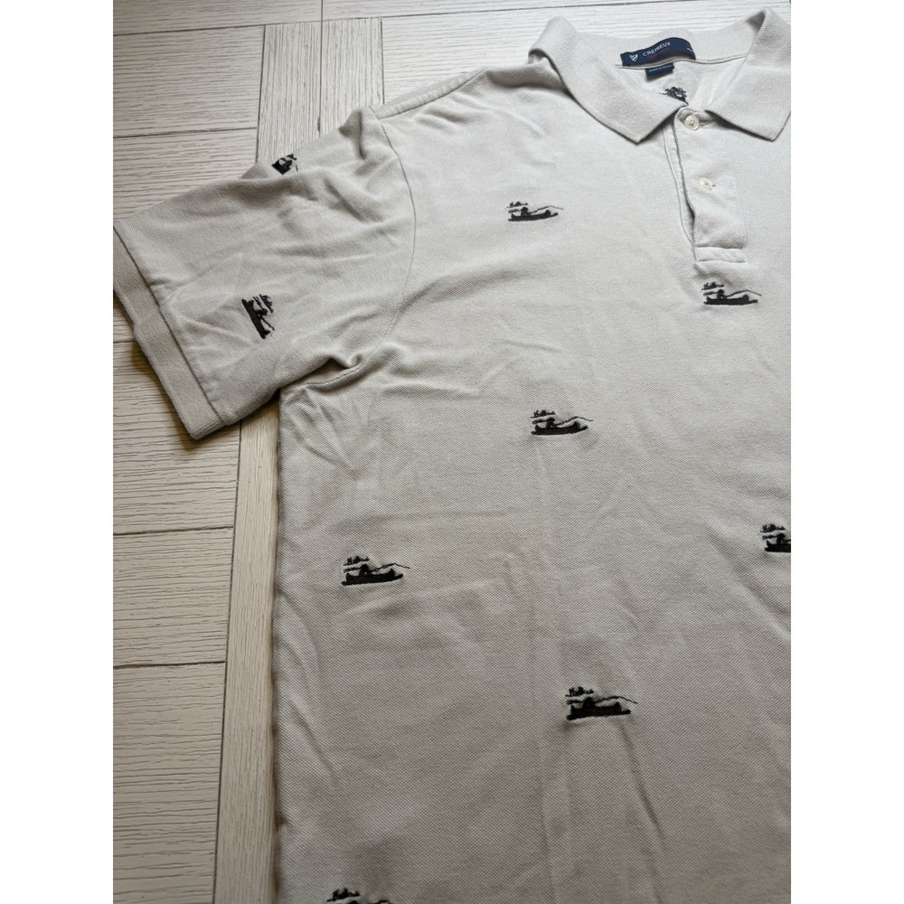 Cremieux Mens XL Polo Shirt Cream W/ Brown Canoe Print. Short Sleeve. 100%Cotton